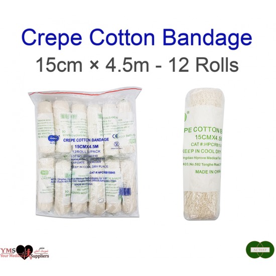 Crepe Cotton Bandages 15 cm × 4.5 m. 12 Rolls / Bag