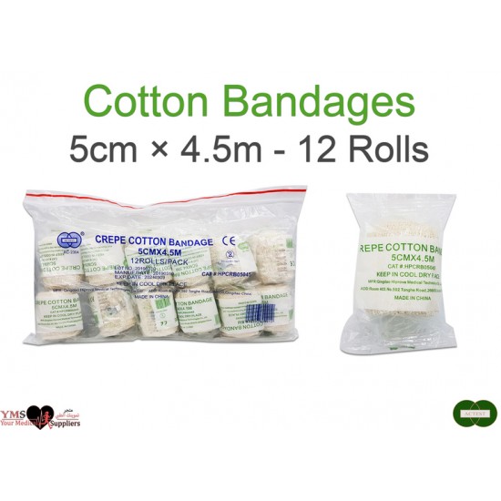 Crepe Cotton Bandages 5cm × 4.5m. 12 Rolls / Bag