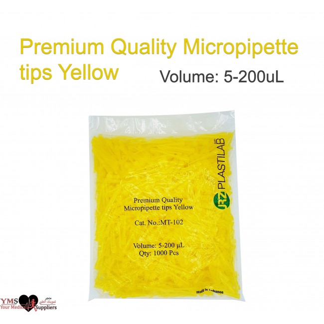 Micropipette Yellow Tips 5-200uL. 1000Pcs Per Bag. PLASTILAB
