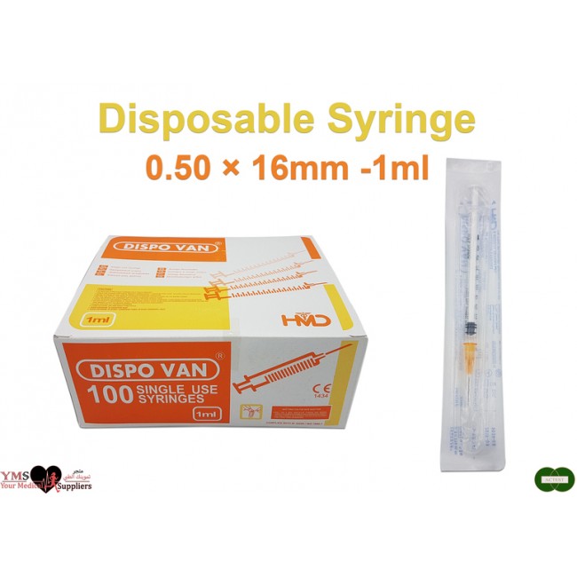 Disposable Syringe 0.50 × 16 mm. 1 mL x 100 Pcs / Box