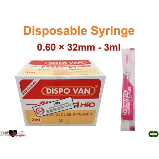 Disposable Syringe 0.60 × 32 mm. 3 mL x 100 Pcs / Box