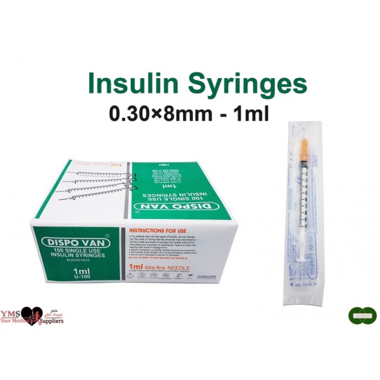 Insulin Syringes 0.30 × 8 mm. 1 mL x 100  Pcs / Box