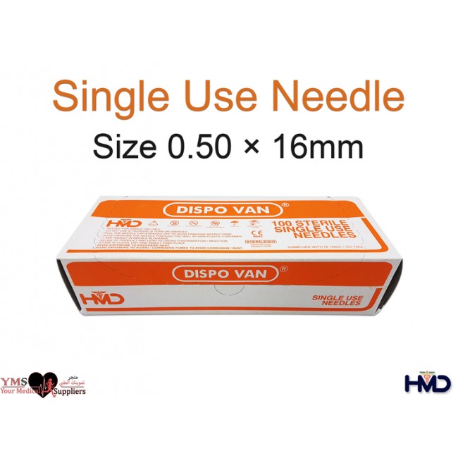 Single Use Needle Size 0.50 × 16 mm. 100 Pcs / Box