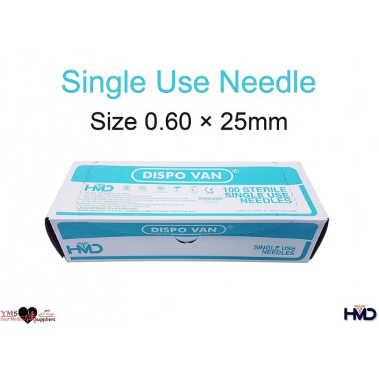 Single Use Needle Size 0.60 × 25 mm. 100 Pcs / Box